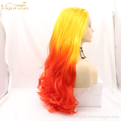 Vigorous Light Red Ombre Yellow Roots Lace Front Wigs with baby hair Pre Plucked for Women Long Body Wave Straight Wig